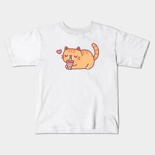 Cute Chubby Orange Tabby Cat Loves Boba Tea Kids T-Shirt